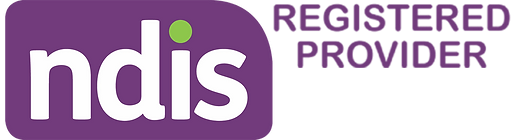 Logo with a purple background featuring white lowercase letters "ndis" with a green dot above the 'i', representing Disability Care Services. The words "REGISTERED PROVIDER" are in uppercase to the right.